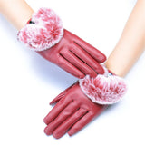 New Fashion Leather Gloves Winter High Quality Imitation Rabbit Hair PU Leather Waterproof Gloves Warm Womens and Girl Gloves - Offy'z6