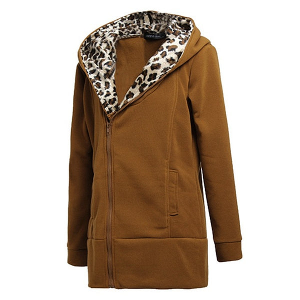 Leopard Hooded Zipper Ladies Outwear