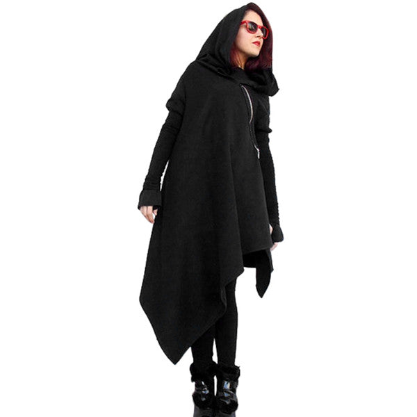 Women Poncho Hooded Sweatshirts Black Gown Mantle Hoodies Fashion Jacket long Sleeves Cloak Woman's Irregular Coats C77501A