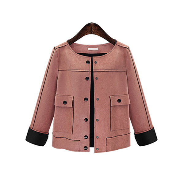 Women Fashion  Basic Jacket 2017 Autumn Spring Pink Lady Short Coats Vintage Leather Suede Jacket Outwear Plus Size