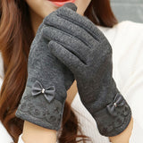 Winter Fashion Women Gloves PU Leather Bow Lace Patchwork Warm Screen Gloves Woman Sheep Wool Wrist Gloves Mitten F2 - Offy'z6