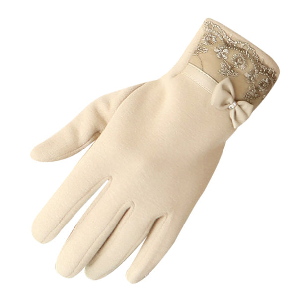 Winter Fashion Women Gloves PU Leather Bow Lace Patchwork Warm Screen Gloves Woman Sheep Wool Wrist Gloves Mitten F2