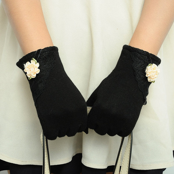 Women Winter Warm Cotton Touch Screen Glove Bow Flower Lace Wrist Gloves Mittens 6475