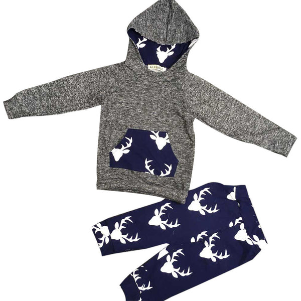 Toddler Kids Baby Boy Girl Clothes Deer printed Long sleeve Hooded Tops Jacket +Pants Outfits drop ship
