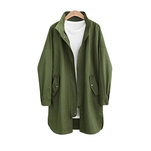 Plus Size Fashion Women Trenchcoat 2017 Autumn Long Sleeve Zipper Army Green Windbreaker Coat Casual Loose Long Outwear Jacket