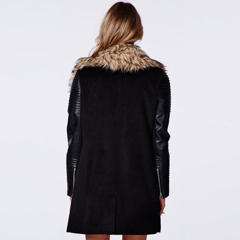 Faux Fur Coat Long Sleeve Leather