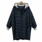 Women Fashion Casual Loose Hooded Plaid Check Long Sleeve Pockets Button Long Blouse Top Hoodei Outwear Coat Jacket - Offy'z6