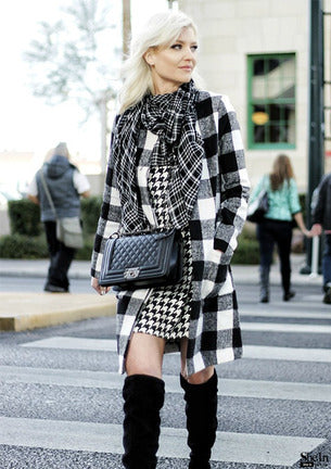 Plaid Open Front Collarless Coat