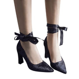 Elegant Lady's Thick Heel Pumps - Ribbon Tie Flock Vamp - Offy'z6